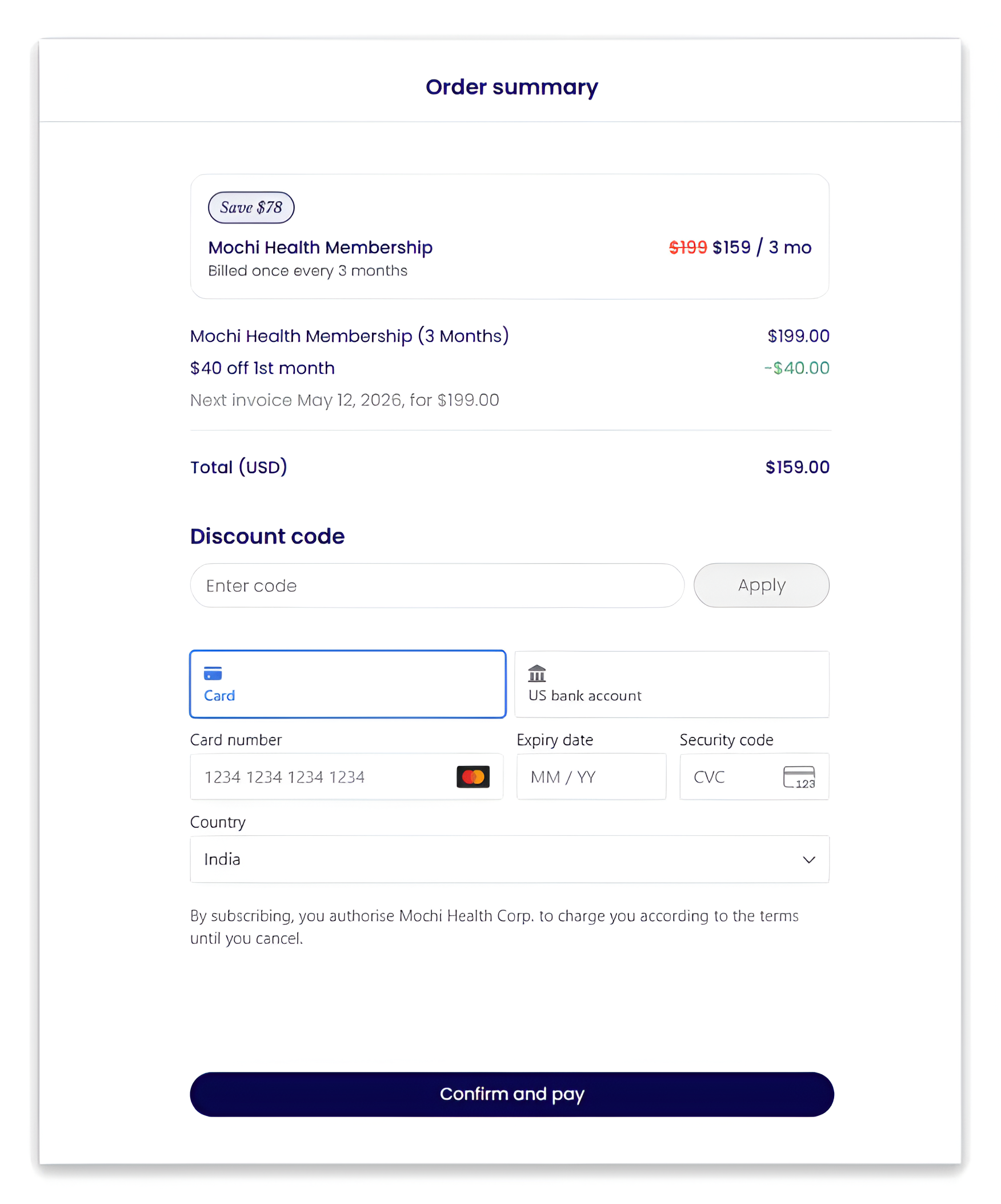 checkout page of mochi health weight loss